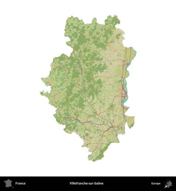 Villefranche-sur-Saone. Fransa 'nın idari bölgesi bir OpenStreetMap İnsani Harita stili haritasında beyaza izole edildi