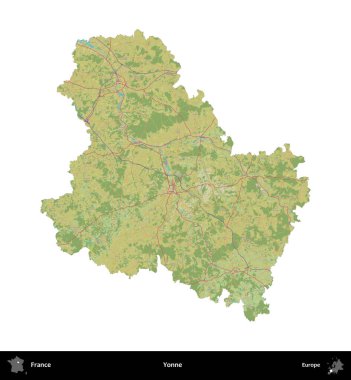 Yonne. Fransa 'nın idari bölgesi bir OpenStreetMap İnsani Harita stili haritasında beyaza izole edildi
