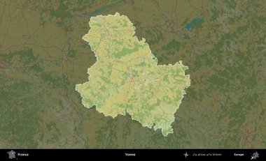 Yonne. Fransa 'nın idari alanı karanlık bir OpenStreetMap İnsani Haritası' na vurgulandı ve özetlendi