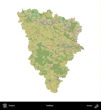 Yvelines. Fransa 'nın idari bölgesi bir OpenStreetMap İnsani Harita stili haritasında beyaza izole edildi