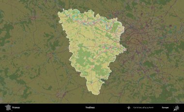 Yvelines. Fransa 'nın idari alanı karanlık bir OpenStreetMap İnsani Haritası' na vurgulandı ve özetlendi