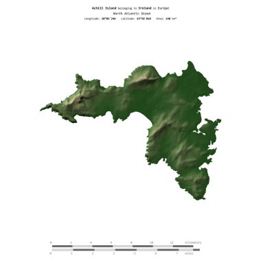 Kuzey Atlantik Okyanusu 'ndaki Achill Adası, İrlanda' ya ait, uzaklık ölçeğinde, renkli bir yükseklik haritasında izole edilmiş.