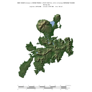 Bering Denizi 'ndeki Adak Adası, Amerika Birleşik Devletleri' ne ait, uzaklık ölçeğinde, renkli bir yükseklik haritasında izole edilmiştir.
