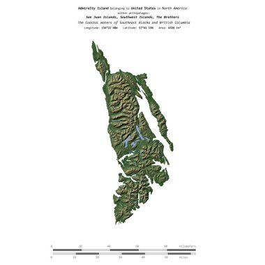 Güneydoğu Alaska ve Britanya Kolumbiyası 'nın Sahil Suları' ndaki Amirallik Adası, Amerika Birleşik Devletleri 'ne ait, renkli bir yükseklik haritasında izole edilmiş,