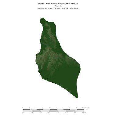 Avustralya 'ya ait Timor Denizi' ndeki Adolphus Adası, uzaklık ölçeğine sahip renkli bir yükseklik haritasında izole edilmiştir.