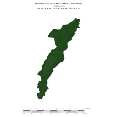 Karayip Denizi 'ndeki Albion Adası, Belize, Meksika, uzaklık ölçeğinde, renkli bir yükseklik haritasında izole edilmiştir.