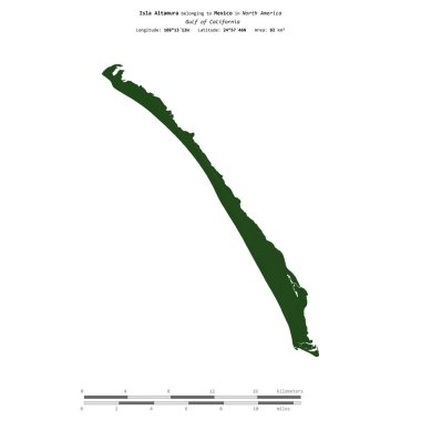California Körfezi 'ndeki Altamura Adası, Meksika' ya ait, uzaklık ölçeğinde, renkli bir yükseklik haritasında izole edilmiş.