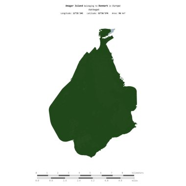 Kattegat 'taki Amager Adası, Danimarka' ya ait, uzaklık ölçeğinde, renkli bir yükseklik haritasında izole edilmiş.