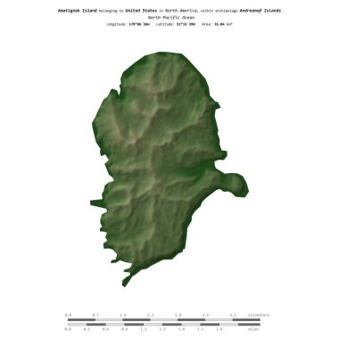 Kuzey Pasifik Okyanusu 'ndaki Amatignak Adası, Amerika Birleşik Devletleri' ne ait, uzaklık ölçeğinde, renkli bir yükseklik haritasında izole edilmiştir.