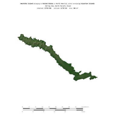 Bering Denizi 'ndeki Amchitka Adası, Amerika Birleşik Devletleri' ne ait, uzaklık ölçeğinde, renkli bir yükseklik haritasında izole edilmiştir.