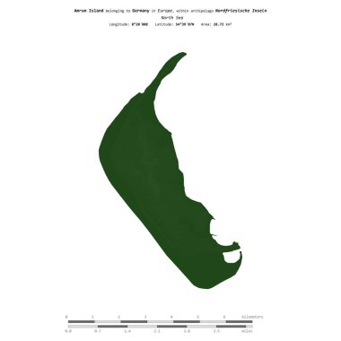 Kuzey Denizi 'ndeki Amrum Adası, Almanya' ya ait, renkli bir yükseklik haritasında izole edilmiş, mesafe ölçeğinde.