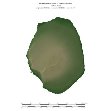 Hint Okyanusu 'ndaki Ile Amsterdam, Fransa' ya ait, renkli bir yükseklik haritasında izole edilmiş, mesafe ölçeğinde.