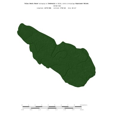 Endonezya 'ya ait Ceram Denizi' ndeki Pulau Amutu Besar, uzaklık ölçeğine sahip renkli bir yükseklik haritasında izole edilmiştir.