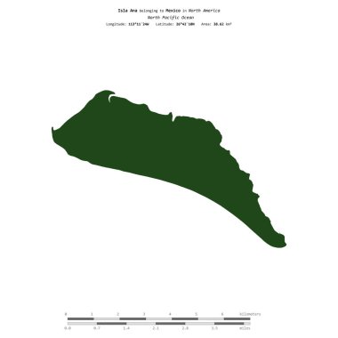 Kuzey Pasifik Okyanusu 'ndaki Ana Adası, Meksika' ya ait, uzaklık ölçeğinde, renkli bir yükseklik haritasında izole edilmiş.