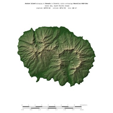 Vanuatu 'ya ait Mercan Denizi' ndeki Anatom Adası, uzaklık ölçeğinde, renkli bir yükseklik haritasında izole edilmiştir.