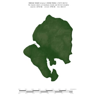 Güneydoğu Alaska ve Britanya Kolumbiyası 'nın Sahil Suları' ndaki Anderson Adası, Amerika Birleşik Devletleri 'ne ait, renkli bir yükseklik haritasında izole edilmiş,