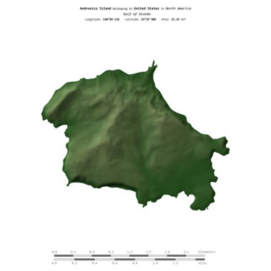 Amerika Birleşik Devletleri 'ne ait Alaska Körfezi' ndeki Andronica Adası, uzaklık ölçeğinde, renkli bir yükseklik haritasında izole edilmiştir.