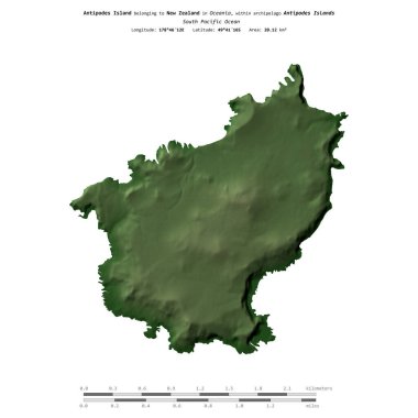 Yeni Zelanda 'ya ait Güney Pasifik Okyanusu' ndaki Antipodes Adası, uzaklık ölçeğine sahip renkli bir yükseklik haritası üzerinde izole edilmiştir.