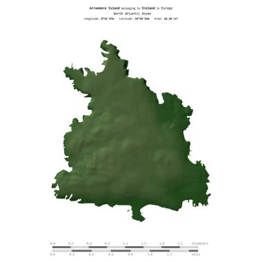 İrlanda 'ya ait Kuzey Atlantik Okyanusu' ndaki Arranmore Adası, uzaklık ölçeğinde, renkli bir yükseklik haritasında izole edilmiştir.