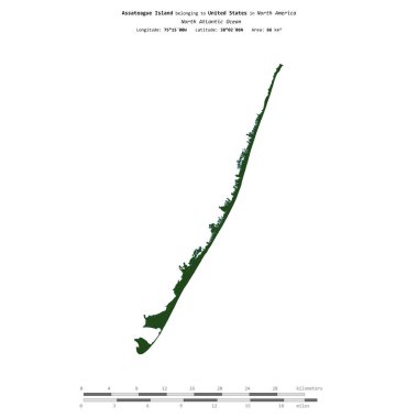 Amerika Birleşik Devletleri 'ne ait Kuzey Atlantik Okyanusu' ndaki Assateague Adası, uzaklık ölçeğine sahip renkli bir yükseklik haritası üzerinde izole edilmiştir.