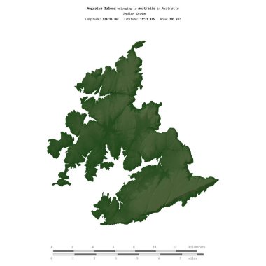 Avustralya 'ya ait Hint Okyanusu' ndaki Augustus Adası, uzaklık ölçeğine sahip renkli bir yükseklik haritası üzerinde izole edilmiştir.