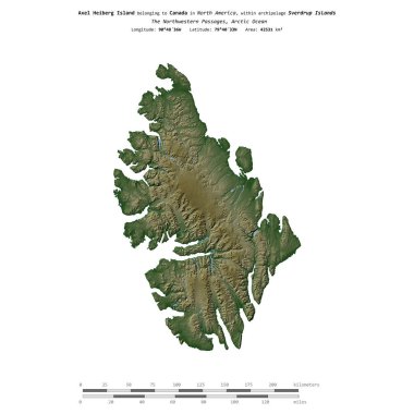 Kuzey Buz Denizi 'ndeki Axel Heiberg Adası, Kanada' ya ait, uzaklık ölçeğine sahip renkli bir yükseklik haritasında izole edilmiştir.