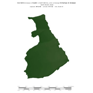 Ekvador 'a ait Güney Pasifik Okyanusu' ndaki Baltra Adası, uzaklık ölçeğine sahip renkli bir yükseklik haritasında izole edilmiştir.
