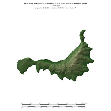 Endonezya 'ya ait Banda Denizi' ndeki Pulau Banda Besar, uzaklık ölçeğine sahip renkli bir yükseklik haritasında izole edilmiştir.