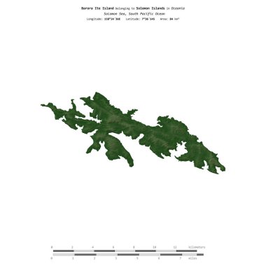 Solomon Denizi 'ndeki Barora Ite Adası. Solomon Adaları' na ait. Renkli bir yükseklik haritasında izole edilmiş.