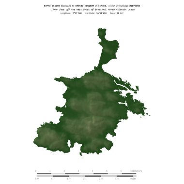 Birleşik Krallık 'a ait Kuzey Atlantik Okyanusu' ndaki Barra Adası, uzaklık ölçeğine sahip renkli bir yükseklik haritasında izole edilmiştir.