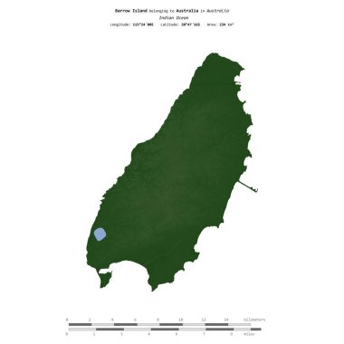 Avustralya 'ya ait Hint Okyanusu' ndaki Barrow Adası, uzaklık ölçeğine sahip renkli bir yükseklik haritası üzerinde izole edilmiştir.