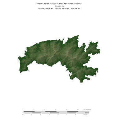 Süleyman Denizi 'ndeki Basilaki Adası, Papua Yeni Gine' ye ait, uzaklık ölçeğinde, renkli bir yükseklik haritasında izole edilmiş.