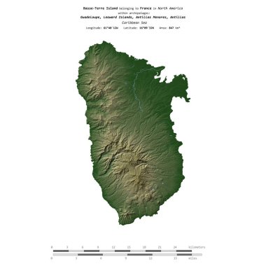 Karayip Denizi 'ndeki Basse-Terre Adası. Fransa' ya ait. Renkli bir yükseklik haritasında izole edilmiş.