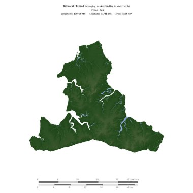 Avustralya 'ya ait Timor Denizi' ndeki Bathurst Adası, uzaklık ölçeğine sahip renkli bir yükseklik haritasında izole edilmiştir.