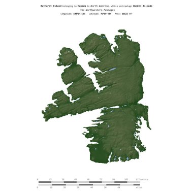 Kanada 'ya ait Kuzeybatı Geçitleri' ndeki Bathurst Adası, uzaklık ölçeğine sahip renkli bir yükseklik haritasında izole edilmiştir.