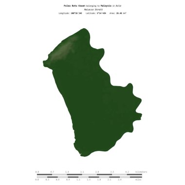 Malezya 'ya ait Malacca Boğazı' ndaki Pulau Batu Kawan, uzaklık ölçeğinde, renkli bir yükseklik haritasında izole edilmiştir.
