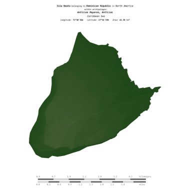 Dominik Cumhuriyeti 'ne ait Karayip Denizi' ndeki Beata Adası, uzaklık ölçeğinde, renkli bir yükseklik haritasında izole edilmiştir.