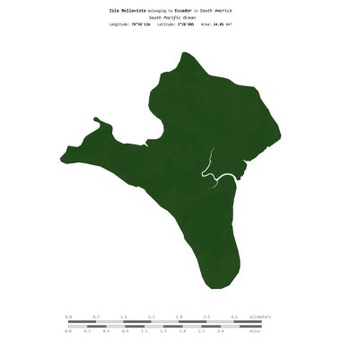 Güney Pasifik Okyanusu 'ndaki Bellavista Adası, Ekvador' a ait, uzaklık ölçeğine sahip renkli bir yükseklik haritasında izole edilmiştir.