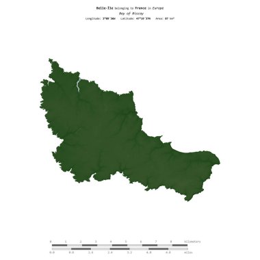 Biscay Körfezi 'ndeki Belle-Ile, Fransa' ya ait, uzaklık ölçeğinde, renkli bir yükseklik haritasında izole edilmiş.
