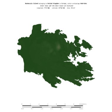 İskoçya 'nın batı kıyısındaki İç Denizler' deki Benbecula Adası. Birleşik Krallık 'a ait. Renkli bir yükseklik haritasında izole edilmiş.