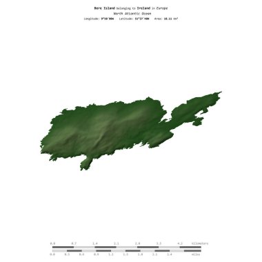 Kuzey Atlantik Okyanusu 'ndaki Bere Adası, İrlanda' ya ait, uzaklık ölçeğinde, renkli bir yükseklik haritasında izole edilmiş.