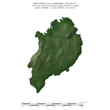 Amerika Birleşik Devletleri 'ne ait Güneydoğu Alaska ve British Columbia' nın sahil sularında bulunan Betton Adası, uzaklık ölçeğinde, renkli bir yükseklik haritasında izole edilmiştir.