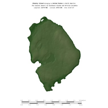 Amerika Birleşik Devletleri 'ne ait olan Güneydoğu Alaska ve Britanya Kolumbiyası' nın Kıyı Suları 'ndaki Blakely Adası, uzaklık ölçeğinde, renkli bir yükseklik haritasında izole edilmiştir.