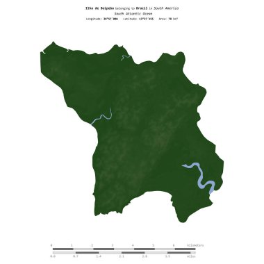 Brezilya 'ya ait Güney Atlantik Okyanusu' ndaki Ilha de Boipeba, uzaklık ölçeğine sahip renkli bir yükseklik haritasında izole edilmiştir.