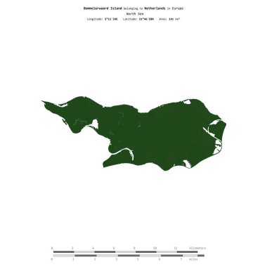 Hollanda 'ya ait Kuzey Denizi' ndeki Bommelerwaard Adası, uzaklık ölçeğinde, renkli bir yükseklik haritasında izole edilmiştir.