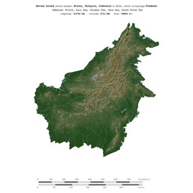 Sulu Denizi 'ndeki Borneo Adası, Brunei, Malezya, Endonezya arasında paylaşılan, renkli bir yükseklik haritasında izole edilmiş,