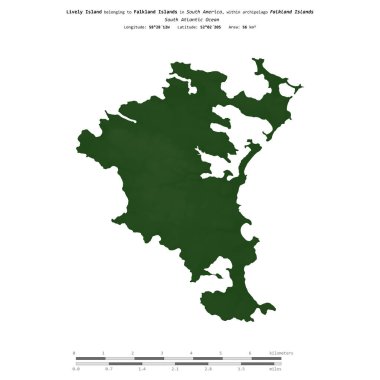 Falkland Adaları 'na ait olan Güney Atlantik Okyanusu' ndaki Lively Adası, uzaklık ölçeğine sahip renkli bir yükseklik haritasında izole edilmiştir.