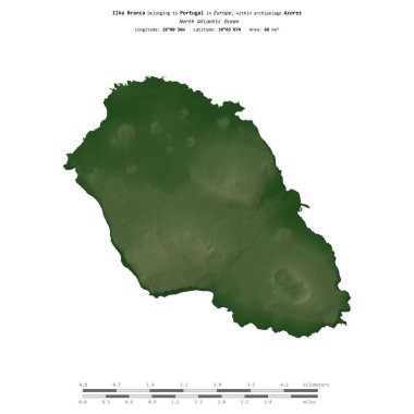 Portekiz 'e ait Kuzey Atlantik Okyanusu' ndaki Ilha Branca, uzaklık ölçeğine sahip renkli bir yükseklik haritasında izole edilmiştir.