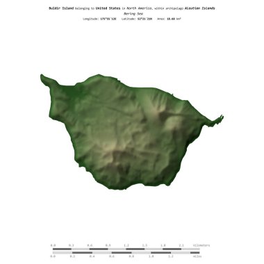 Bering Denizi 'ndeki Buldir Adası, Amerika Birleşik Devletleri' ne ait, uzaklık ölçeğinde, renkli bir yükseklik haritasında izole edilmiştir.