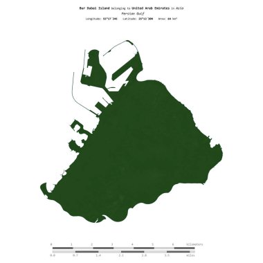 Basra Körfezi 'ndeki Bur Dubai Adası, Birleşik Arap Emirlikleri' ne ait, uzaklık ölçeğinde, renkli bir yükseklik haritasında izole edilmiş.